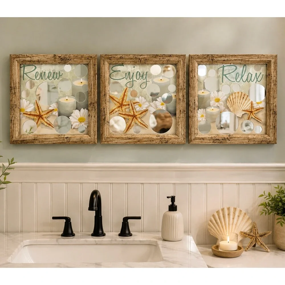 Coastal Beach House Wall Art Set 3 Renew Enjoy Relax Starfish Mirror Inset Decor